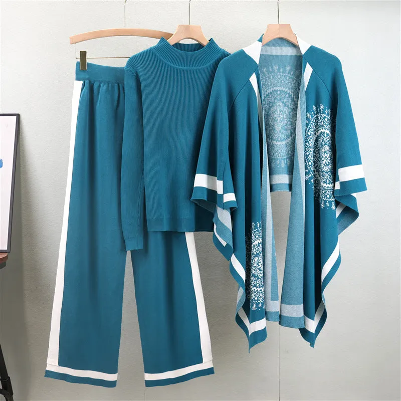 Blue – Fashion Long-Sleeve Knit Three Piece Set sold by Viva Estel