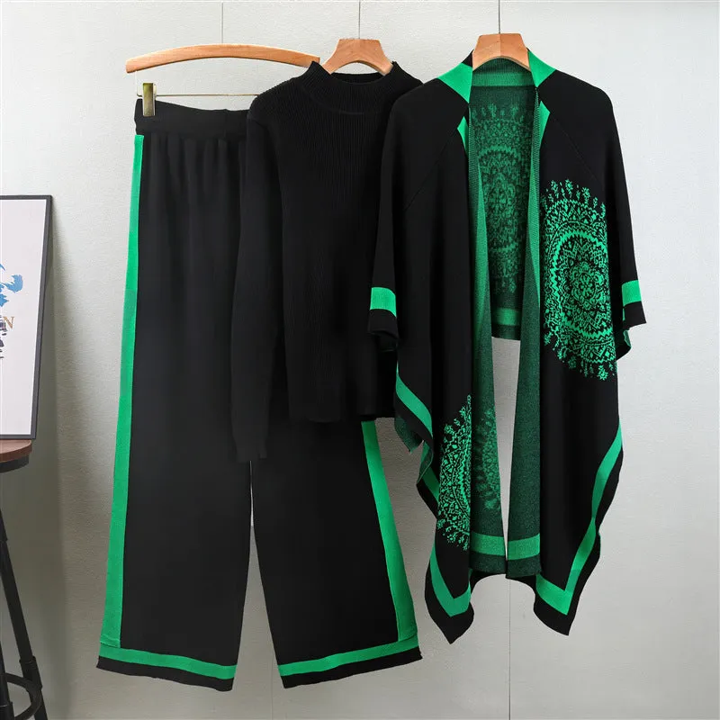 Black – Fashion Long-Sleeve Knit Three Piece Set sold by Viva Estel