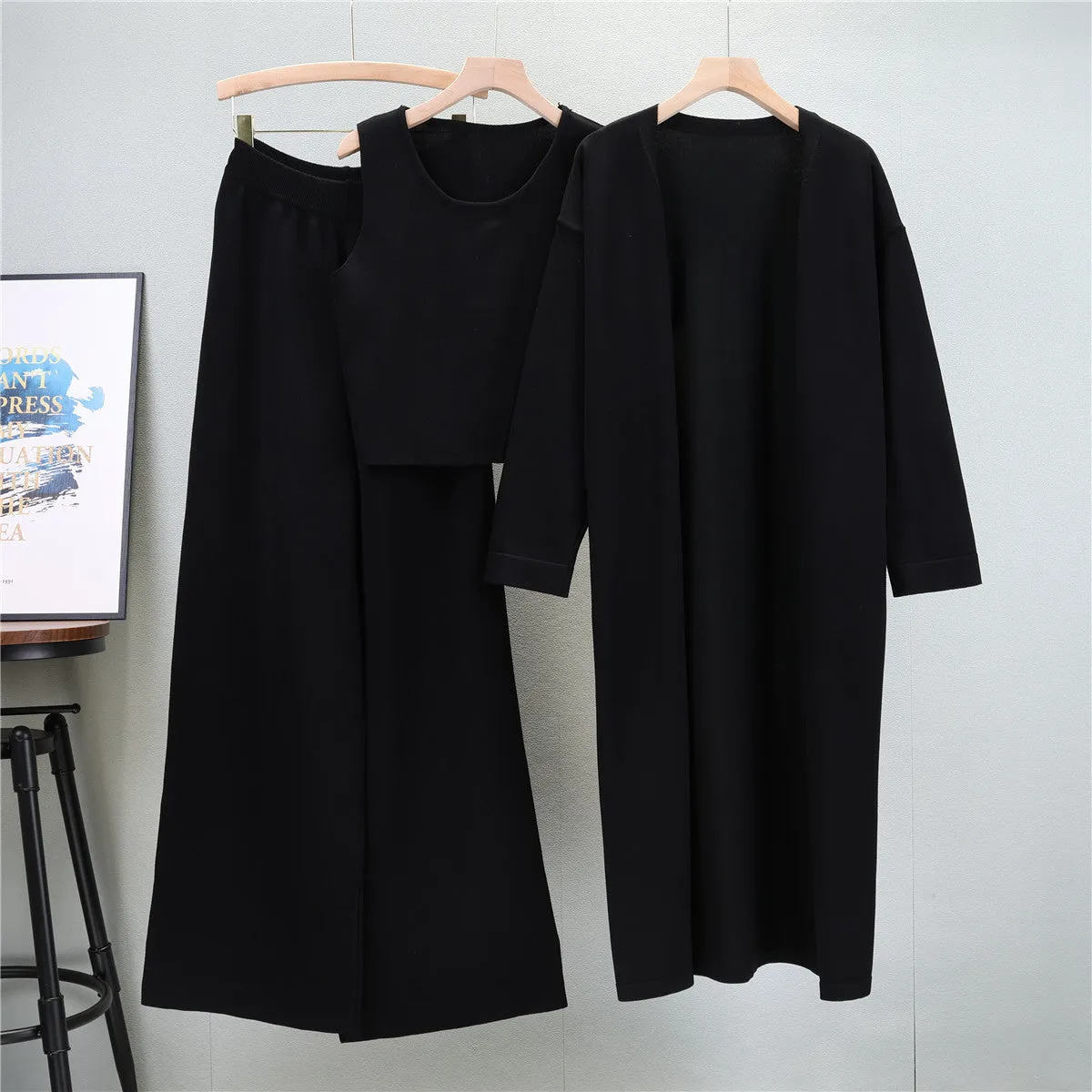 Black – Knit Shawl Cardigan Three Piece Set sold by Viva Estel