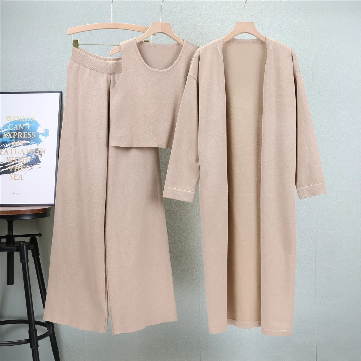 Khaki – Knit Shawl Cardigan Three Piece Set sold by Viva Estel