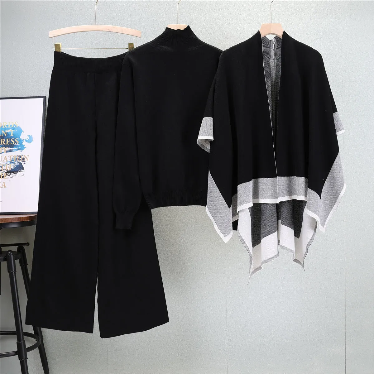 Black – Loose Knit Sweater Three Piece Set sold by Viva Estel