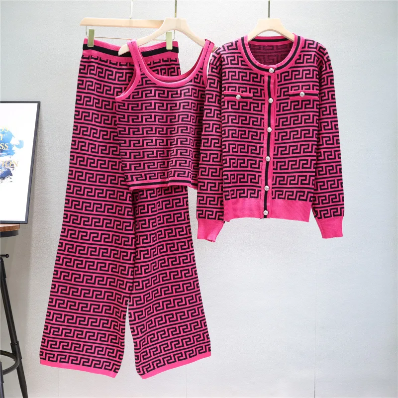Rose Red – Knit Cardigan Vest Three Piece Set sold by Viva Estel