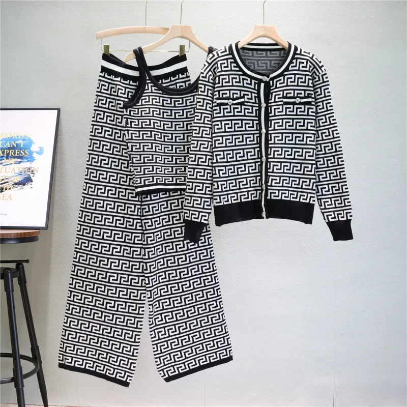 Black – Knit Cardigan Vest Three Piece Set sold by Viva Estel