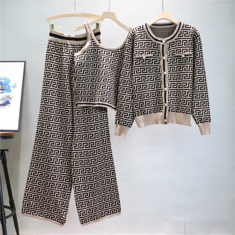 Khaki – Knit Cardigan Vest Three Piece Set sold by Viva Estel