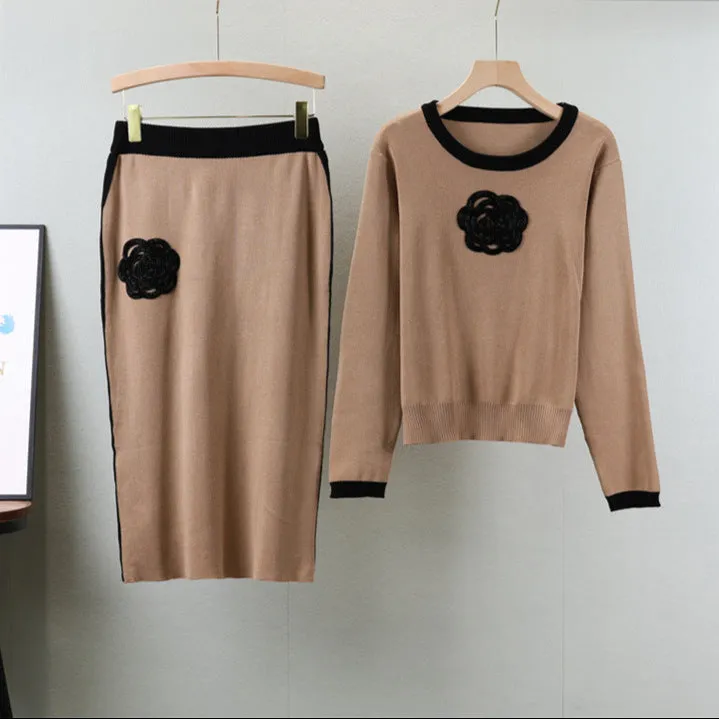 Khaki - Elegant Round Neck Contrast Two Piece Set sold by Viva Estel