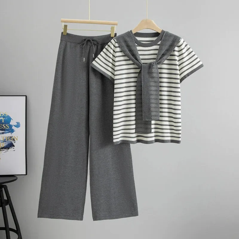 Gray – Drawstring Short-Sleeve Striped Two-Piece Set sold by Viva Estel