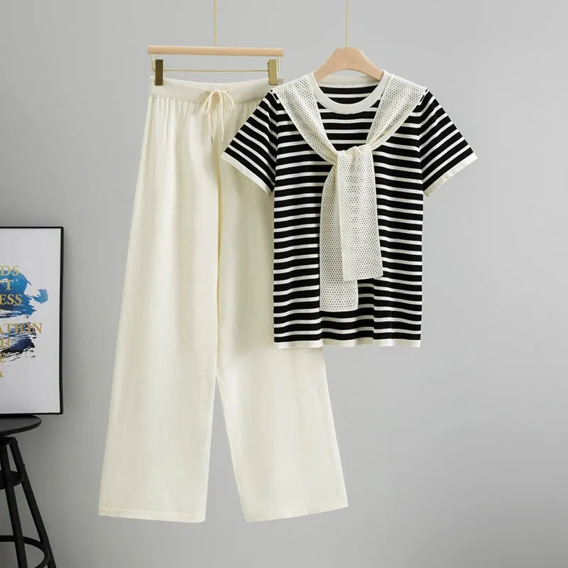 Apricot – Drawstring Short-Sleeve Striped Two-Piece Set sold by Viva Estel