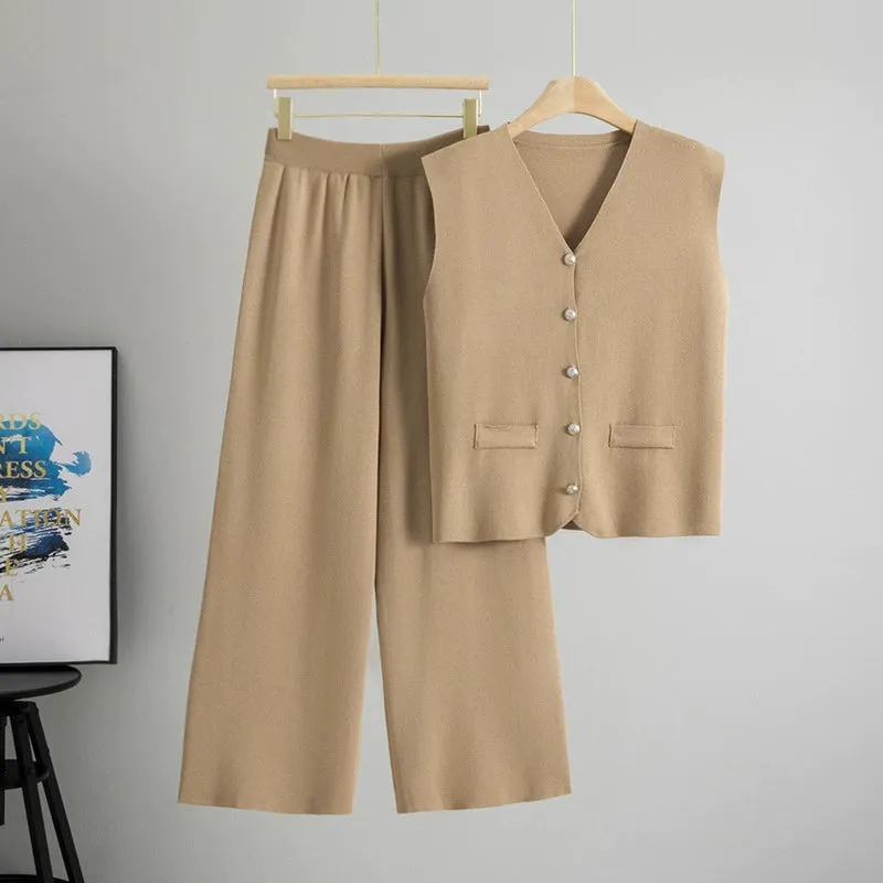 Khaki – Loose Cardigan Sleeveless Two-Piece Set sold by Viva Estel