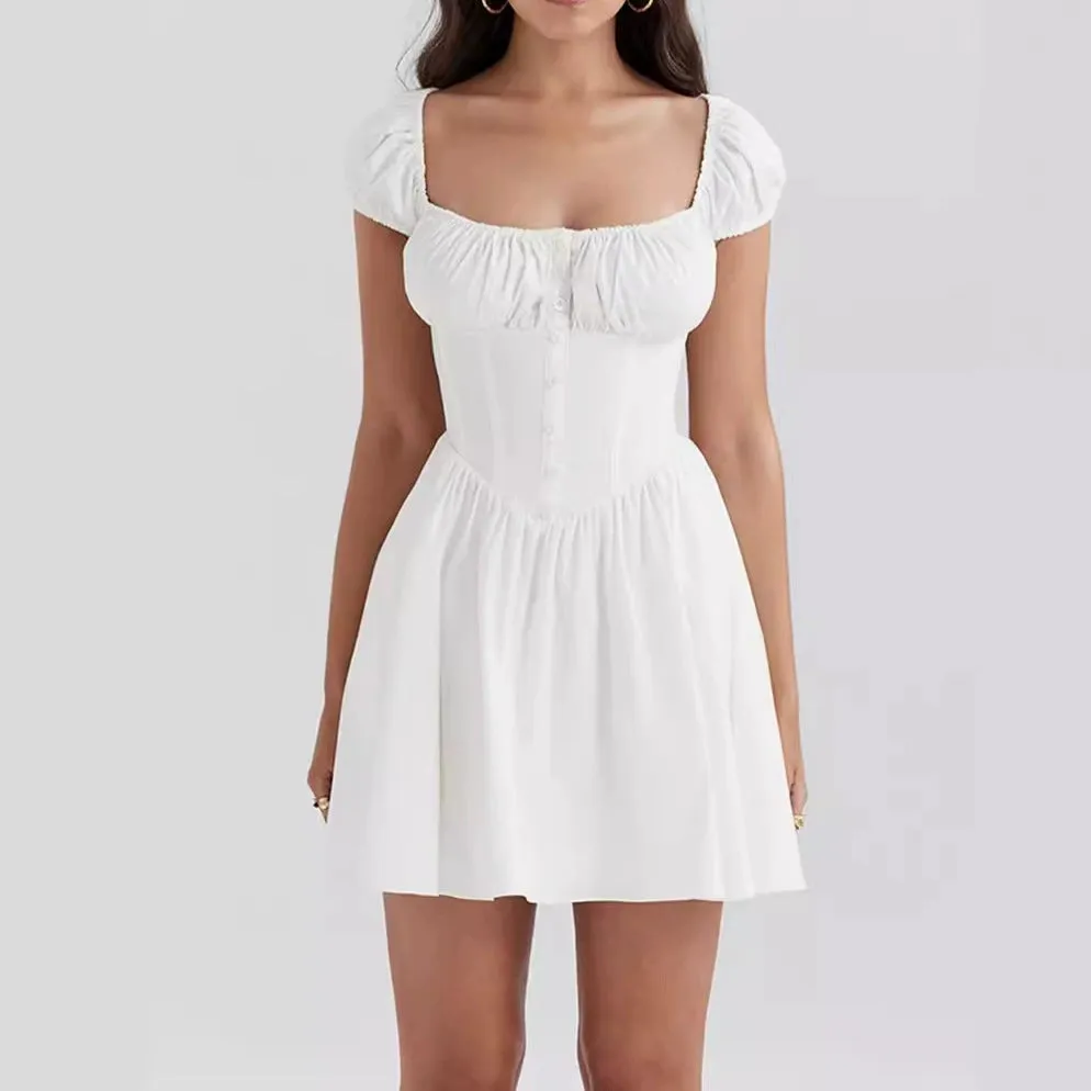 White - Vintage Slim-Fit Waist Dress sold by Viva Estel