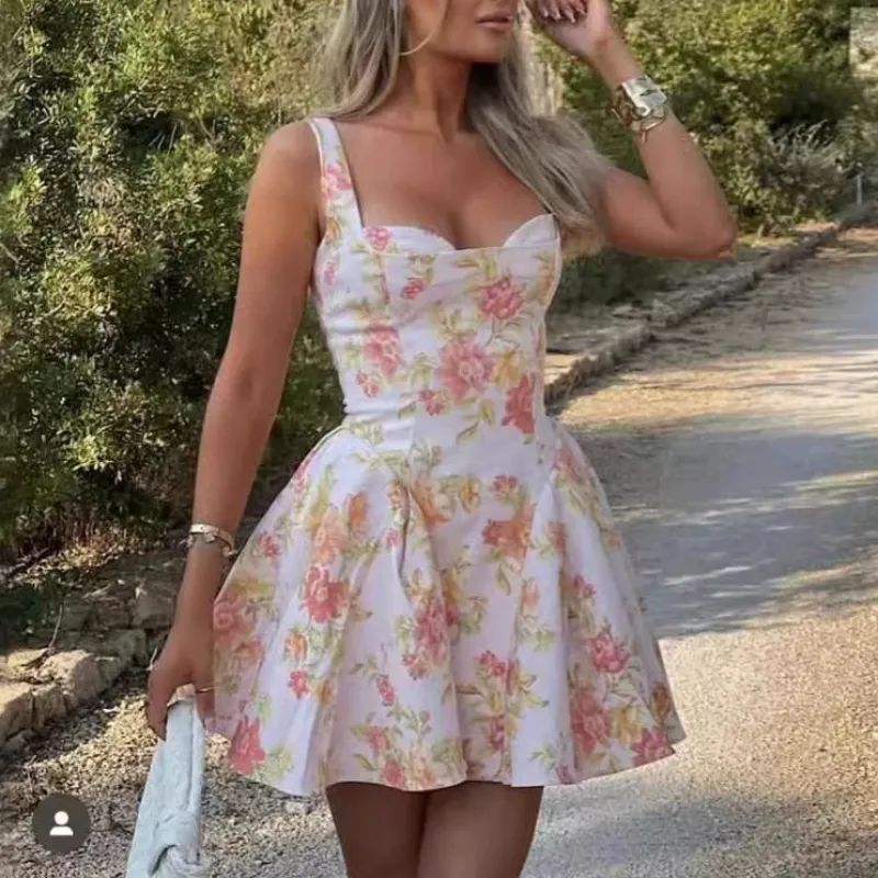 Floral – Printed Backless Spaghetti Strap Dress sold by Viva Estel