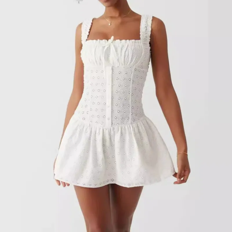 White - Lace Spliced Spaghetti Strap Dress sold by Viva Estel