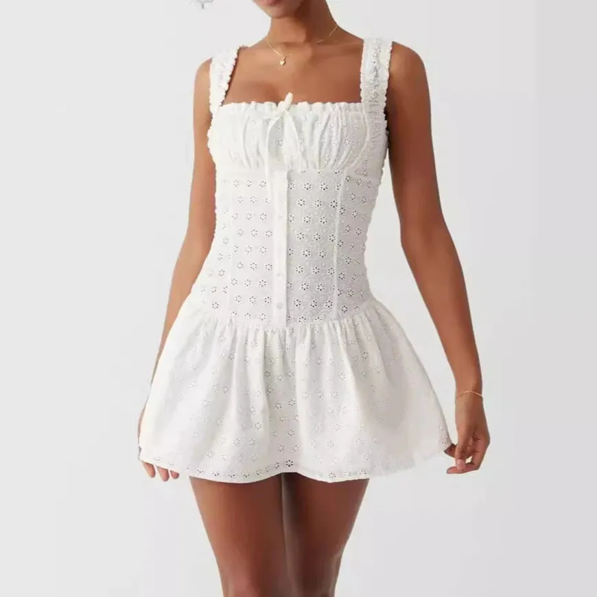 White - Lace Spliced Spaghetti Strap Dress sold by Viva Estel