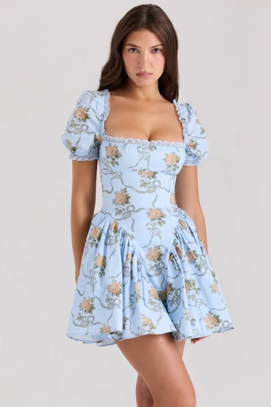 Blue – Fresh & Sweet Puff Sleeve Waist-Cinching Dress sold by Viva Estel