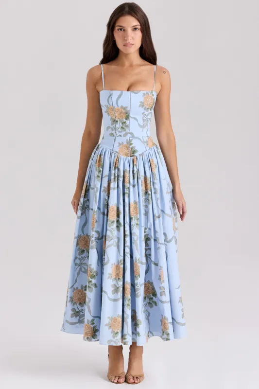 Blue – Elegant Floral Waist-Cinching A-Line Dress sold by Viva Estel