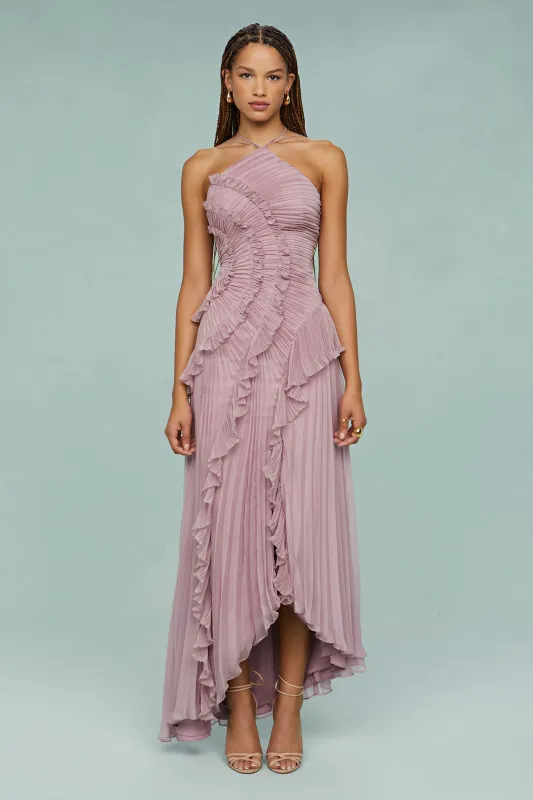 Lotus Pink – Flowy Backless Halter Dress with Pointed Collar sold by Viva Estel