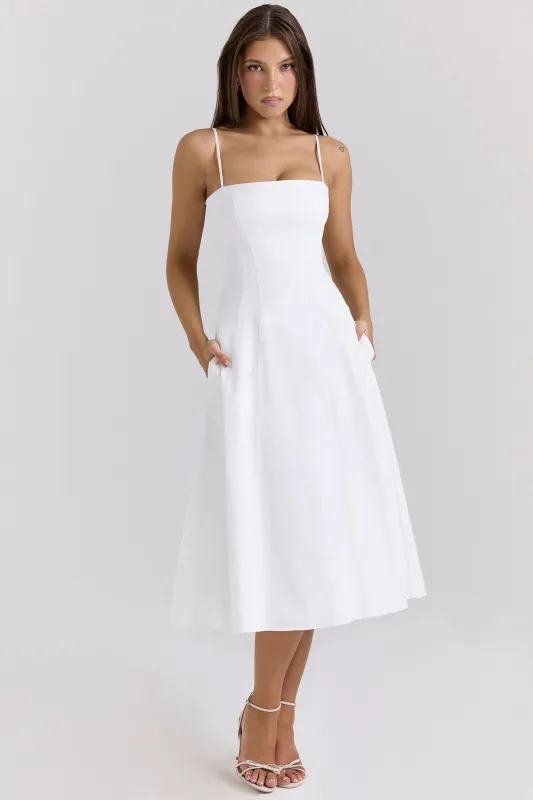 White - Chic Waist-Defined Spaghetti Strap Maxi Flare Dress sold by Viva Estel