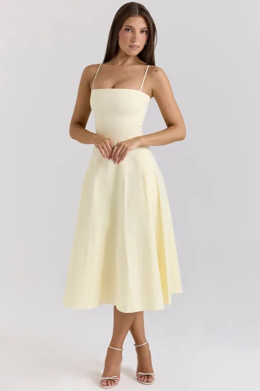 Yellow – Elegant Waist-Cinched Maxi Flare Dress sold by Viva Estel