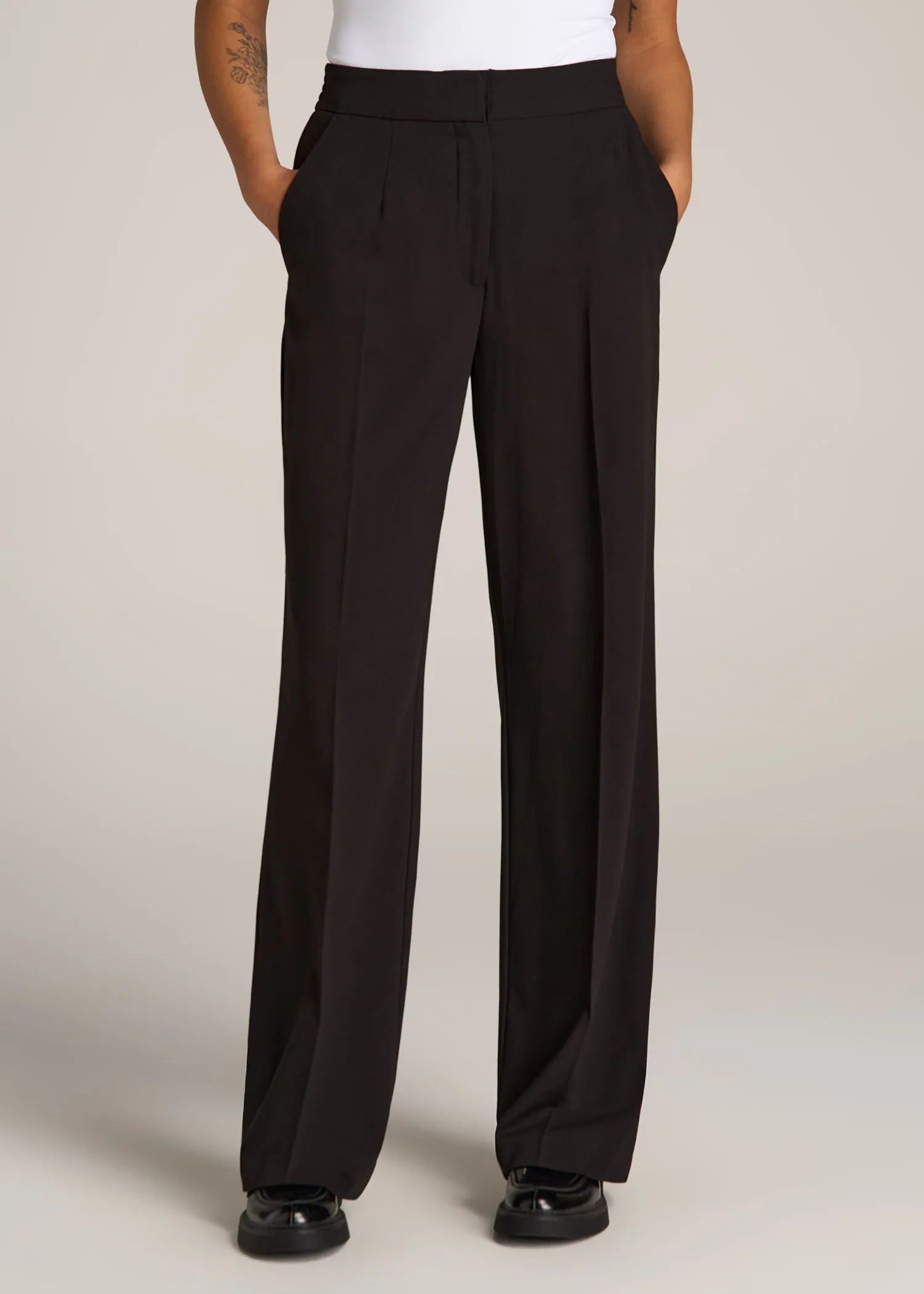 Flat Front Wide Leg Dress Pants for Tall Women in Black sold by American Tall