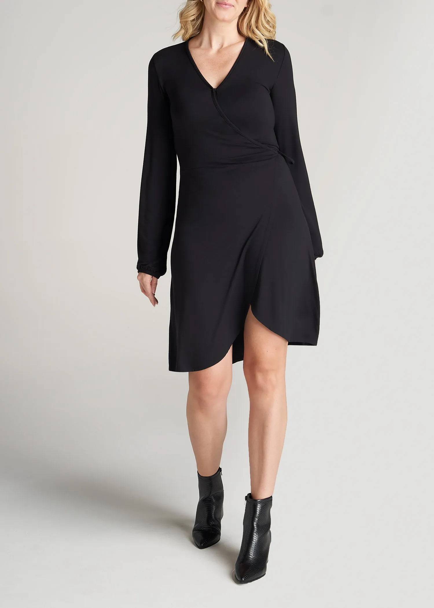 Long Sleeve Jersey Wrap Dress for Tall Women in Black sold by American Tall