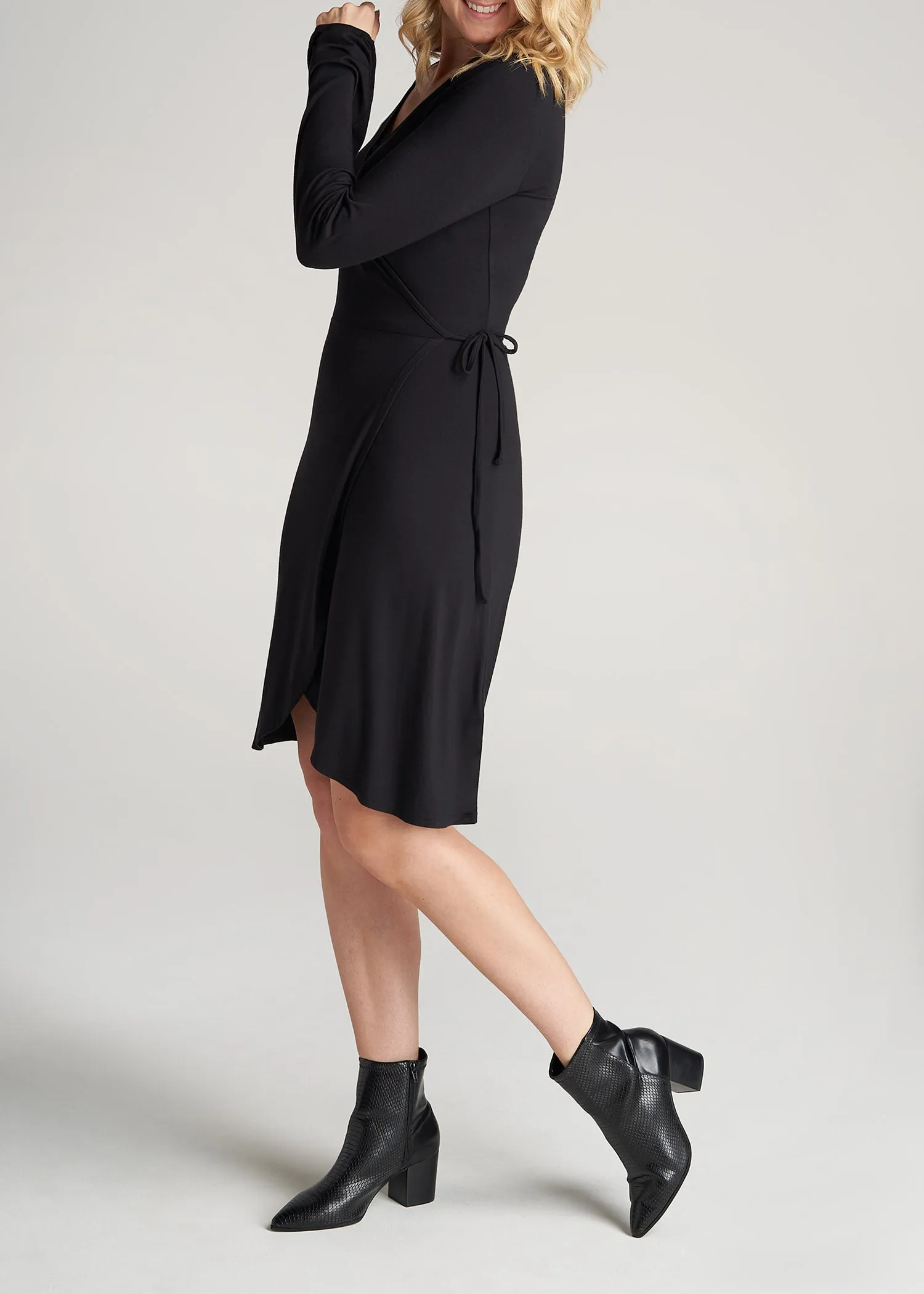 Long Sleeve Jersey Wrap Dress for Tall Women in Black sold by American Tall product image thumbnail 3