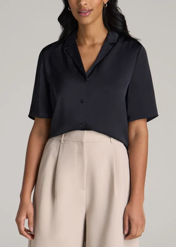Notch Collar Satin Blouse for Tall Women in Black sold by American Tall