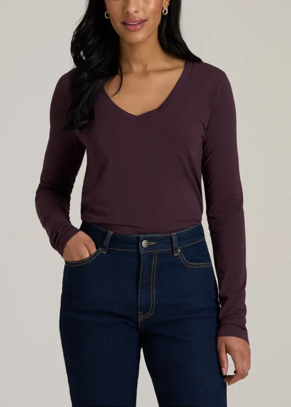 Long Sleeve Scoop V-Neck Tee Shirt for Tall Women in Deep Purple sold by American Tall