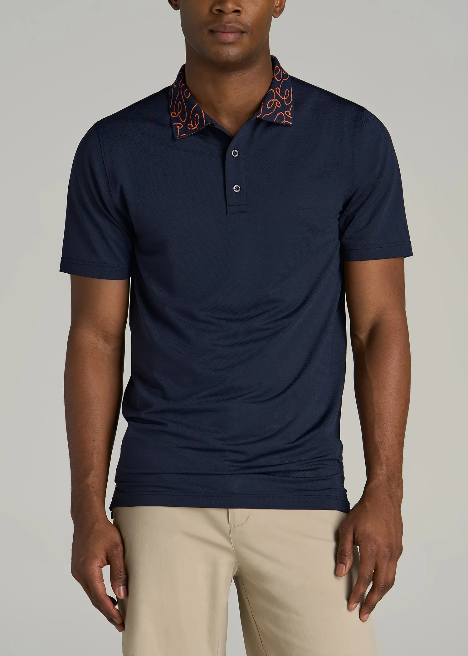 Jacquard Knit Collar Golf Polo Shirt for Tall Men in Evening Blue sold by American Tall