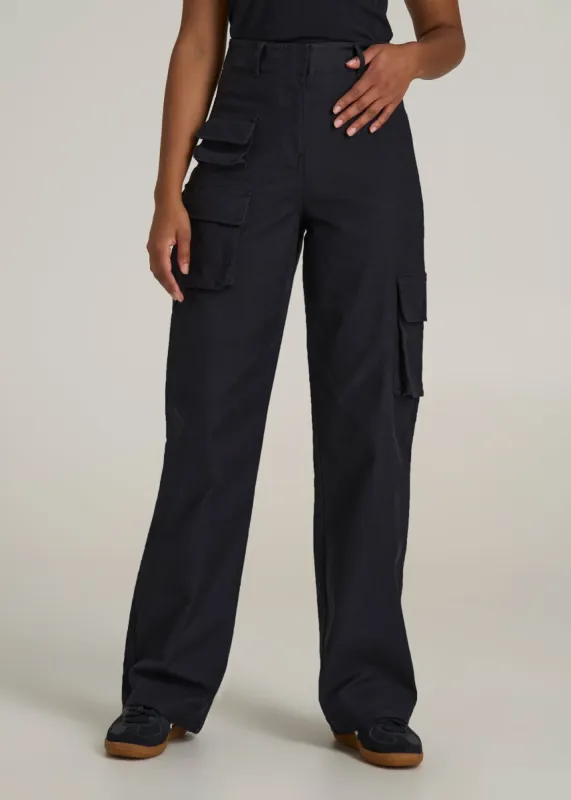 High-Waist Flat Front Cargo Pants for Tall Women in Black sold by American Tall