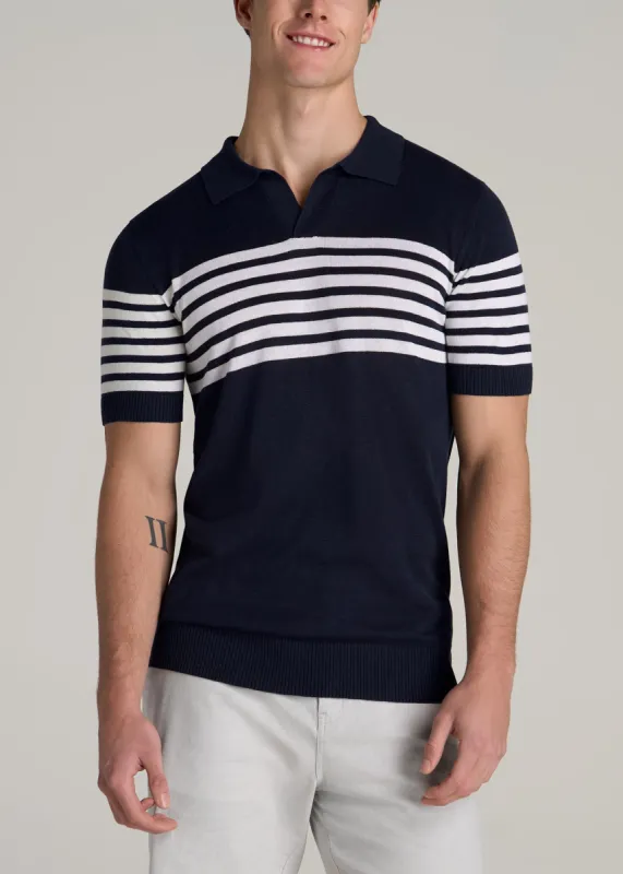Striped Linen Blend Tall Men's Polo Shirt in Blue and White Stripe sold by American Tall