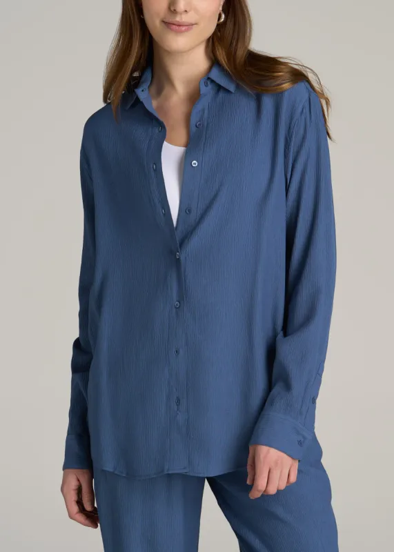 Long Sleeve Crinkle Blouse for Tall Women in Steel Blue sold by American Tall