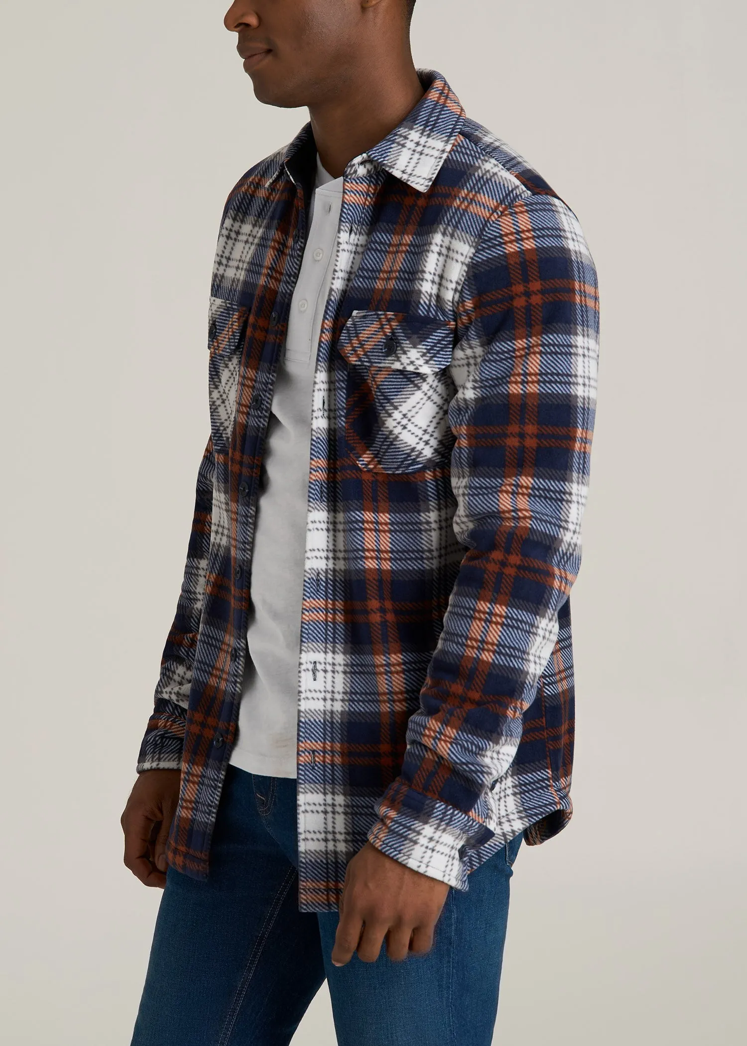 Sherpa-Lined Fleece Overshirt for Tall Men in Navy & Orange Plaid sold by American Tall product image thumbnail 3