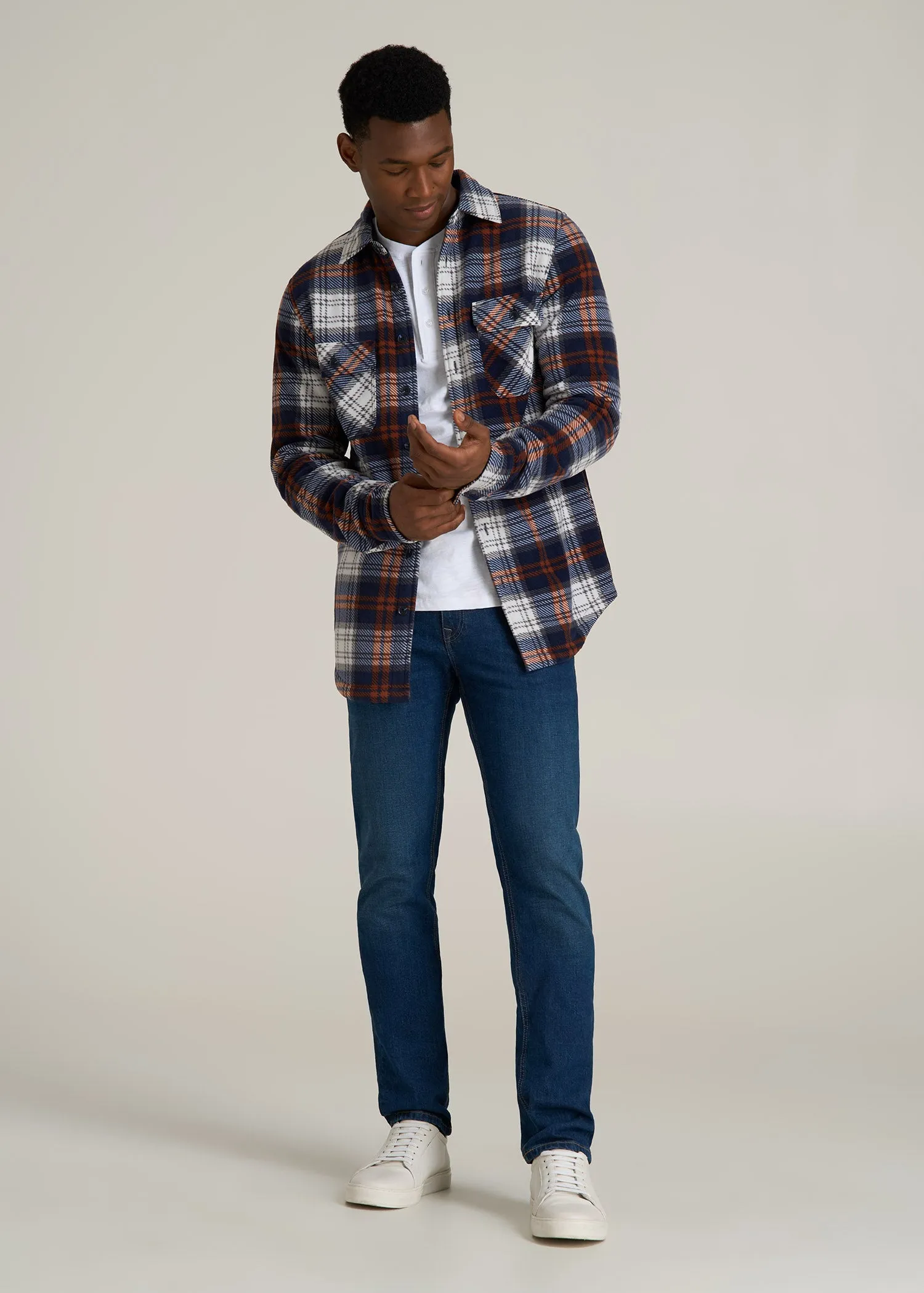 Sherpa-Lined Fleece Overshirt for Tall Men in Navy & Orange Plaid sold by American Tall product image thumbnail 4