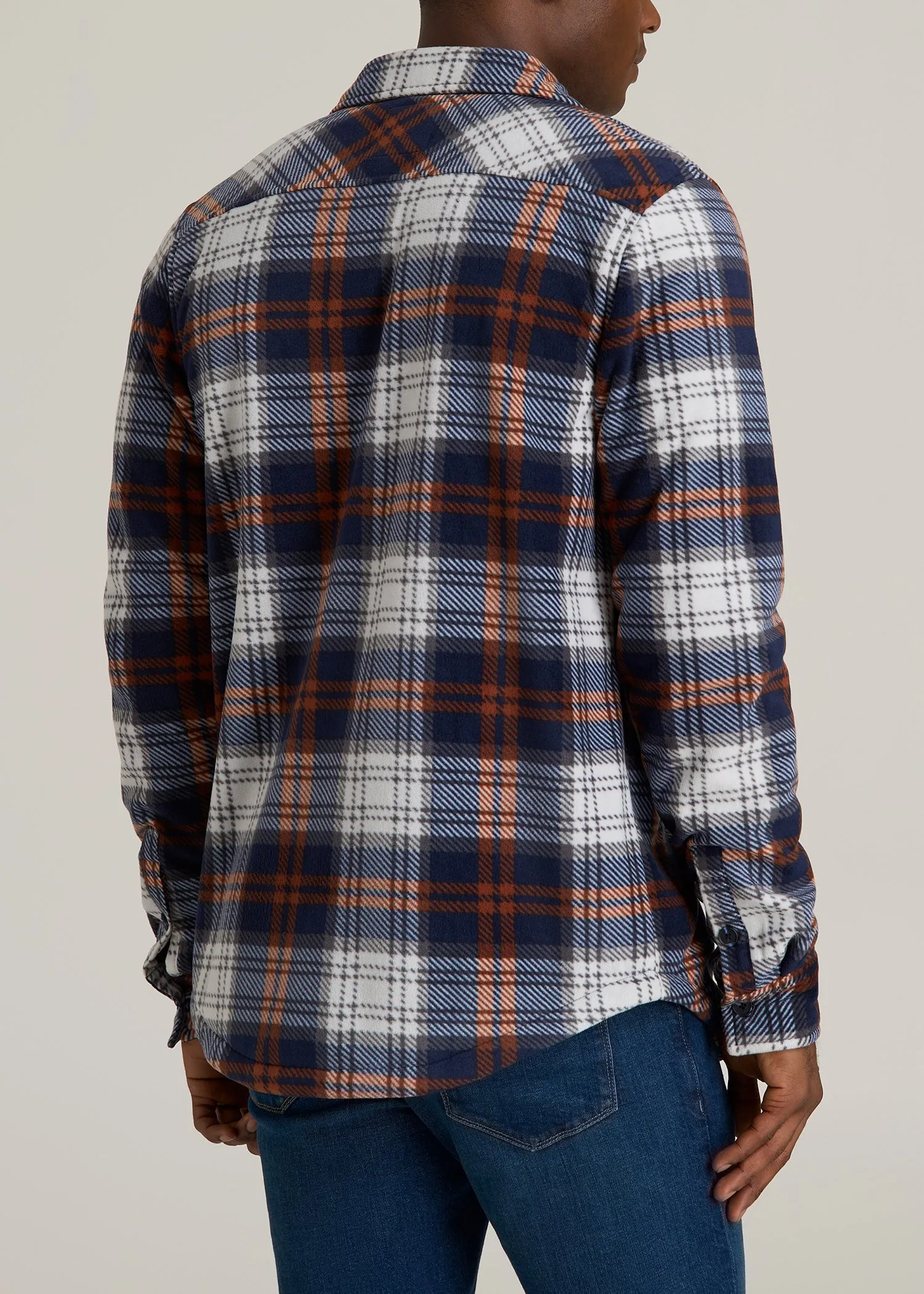 Sherpa-Lined Fleece Overshirt for Tall Men in Navy & Orange Plaid sold by American Tall product image thumbnail 5