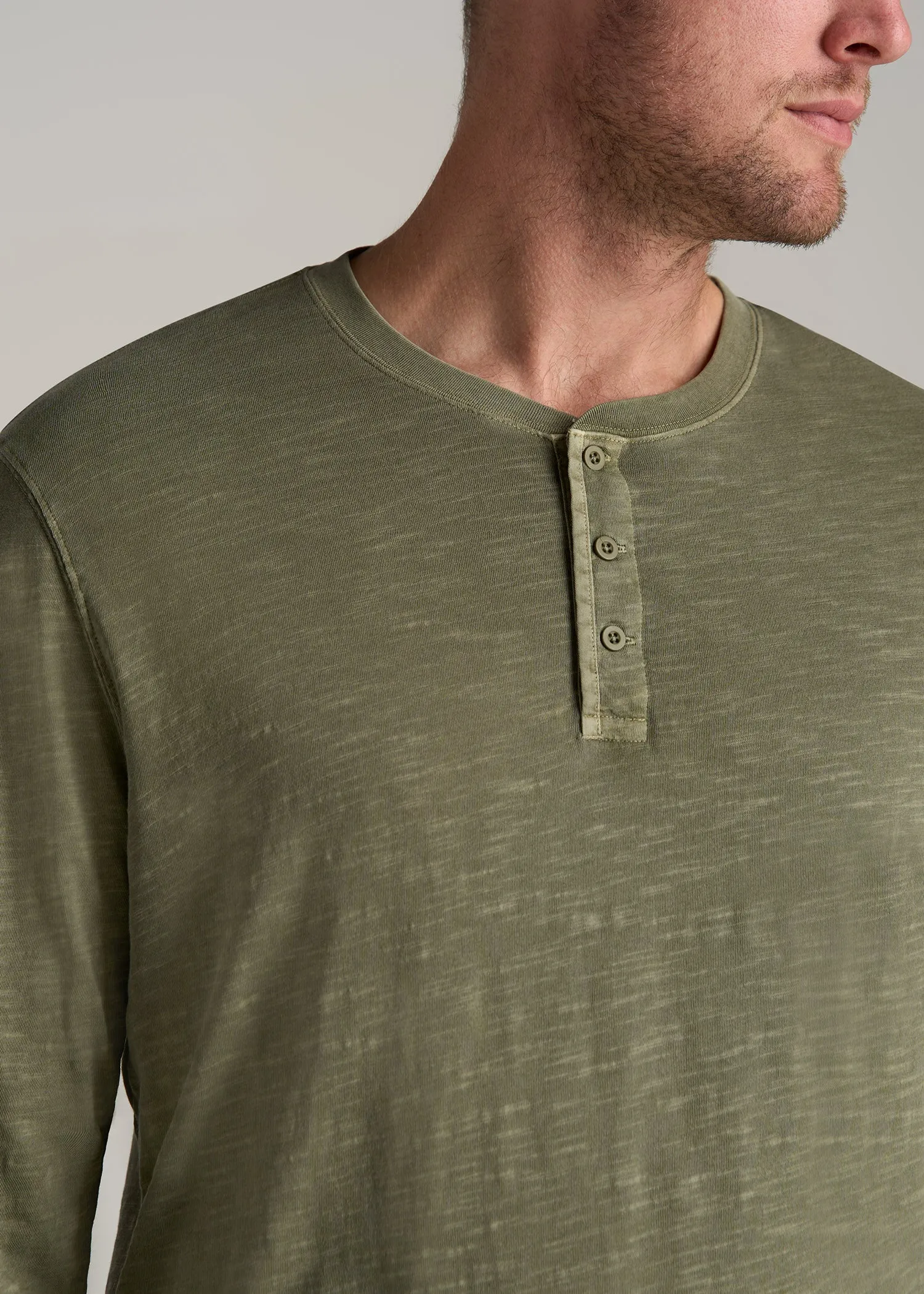 LJ&S Vintage Washed Slub Men's Tall Henley Shirt in Vintage Moss Green sold by American Tall product image thumbnail 2