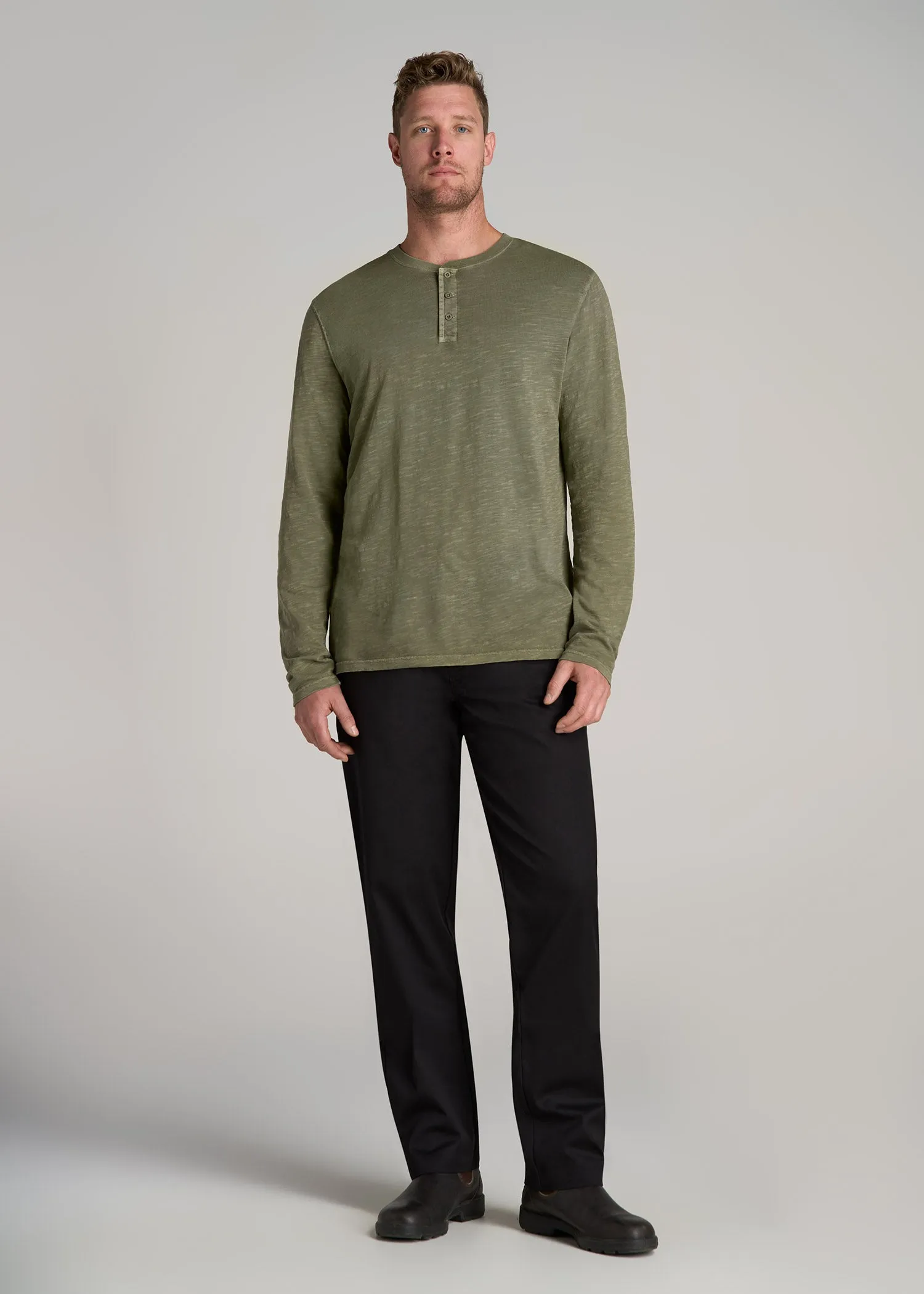 LJ&S Vintage Washed Slub Men's Tall Henley Shirt in Vintage Moss Green sold by American Tall product image thumbnail 4