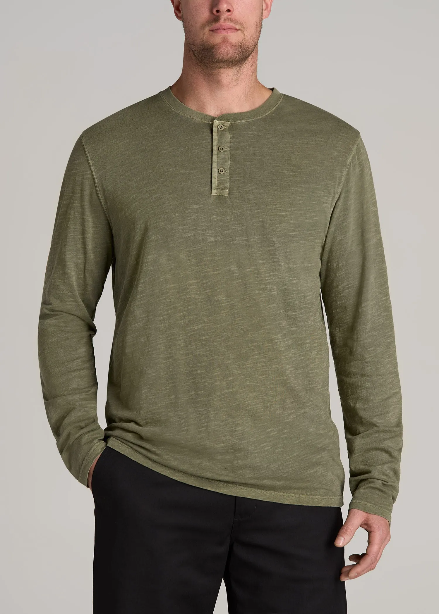 LJ&S Vintage Washed Slub Men's Tall Henley Shirt in Vintage Moss Green sold by American Tall