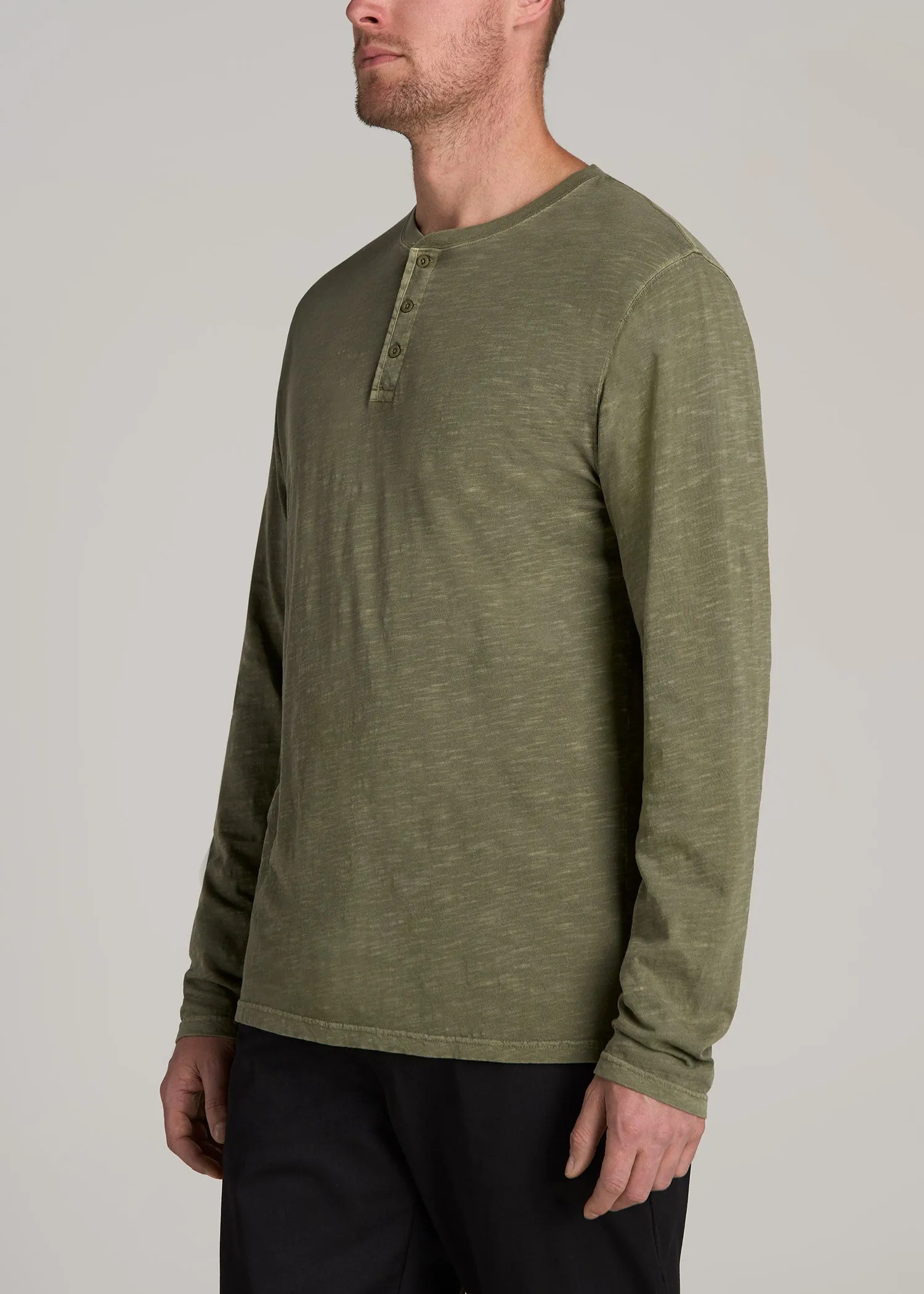 LJ&S Vintage Washed Slub Men's Tall Henley Shirt in Vintage Moss Green sold by American Tall product image thumbnail 3