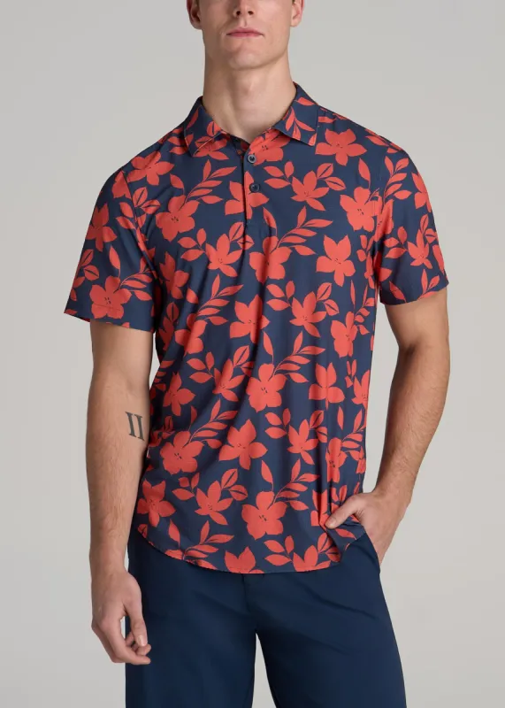 Coastal Perforated Tall Men's Polo Shirt in Storm and Orange Hibiscus sold by American Tall
