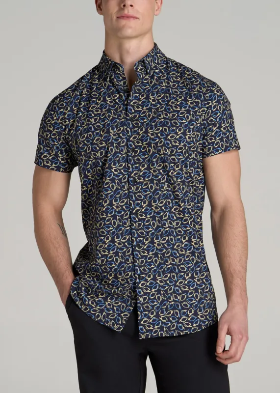 Short Sleeve Traveler Stretch Button Shirt for Tall Men in Blue and Yellow Abstract sold by American Tall