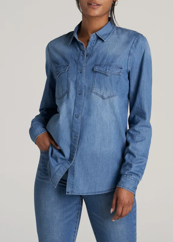 Denim Shirt for Tall Women in Faded Blue sold by American Tall