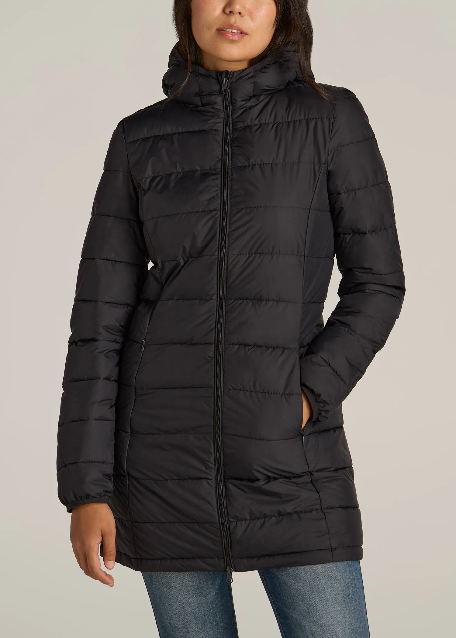 Packable Puffer Jacket for Tall Women in Black sold by American Tall