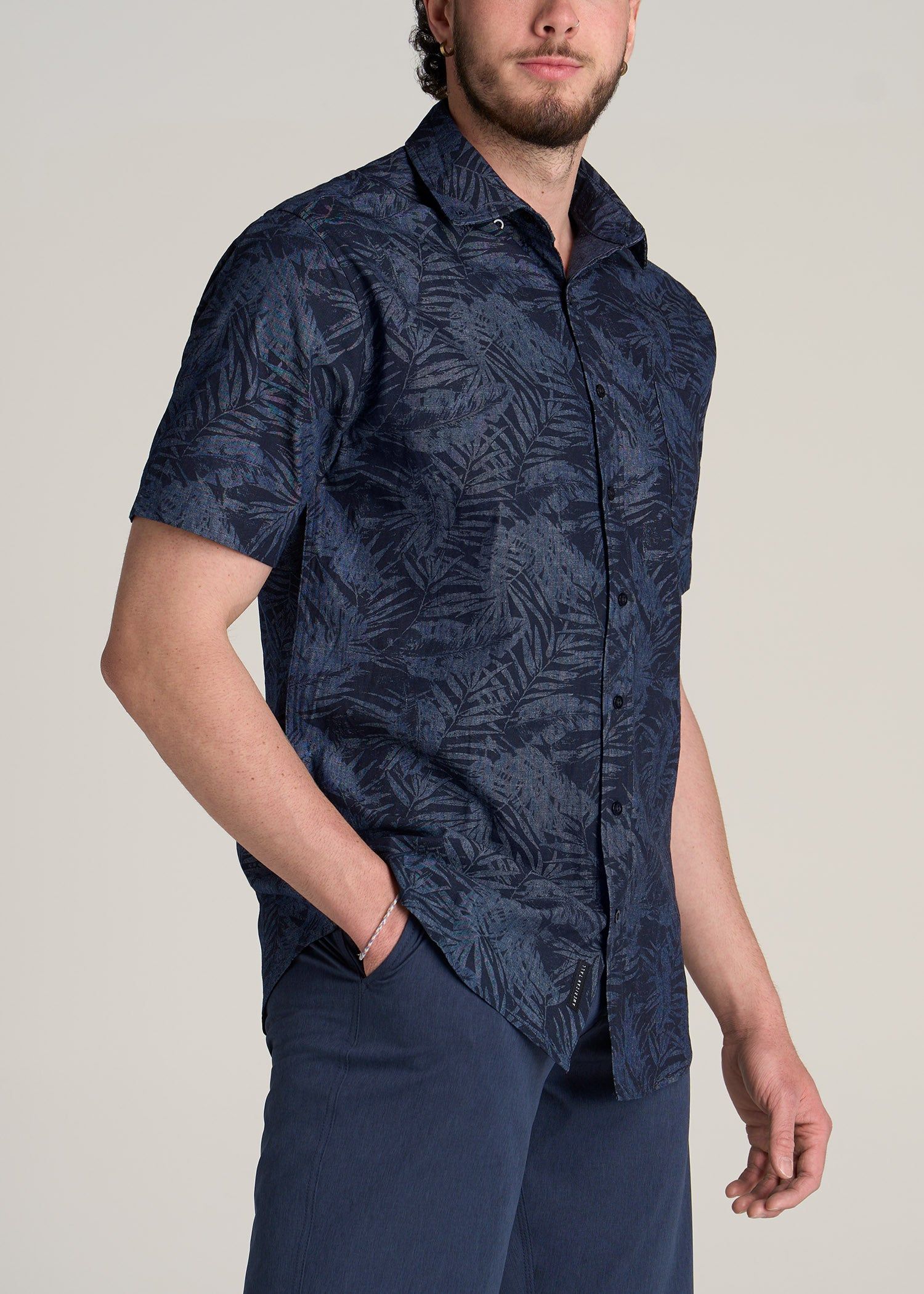 Chambray Print Short Sleeve Button-Up for Tall Men in Navy Island Print sold by American Tall product image thumbnail 3