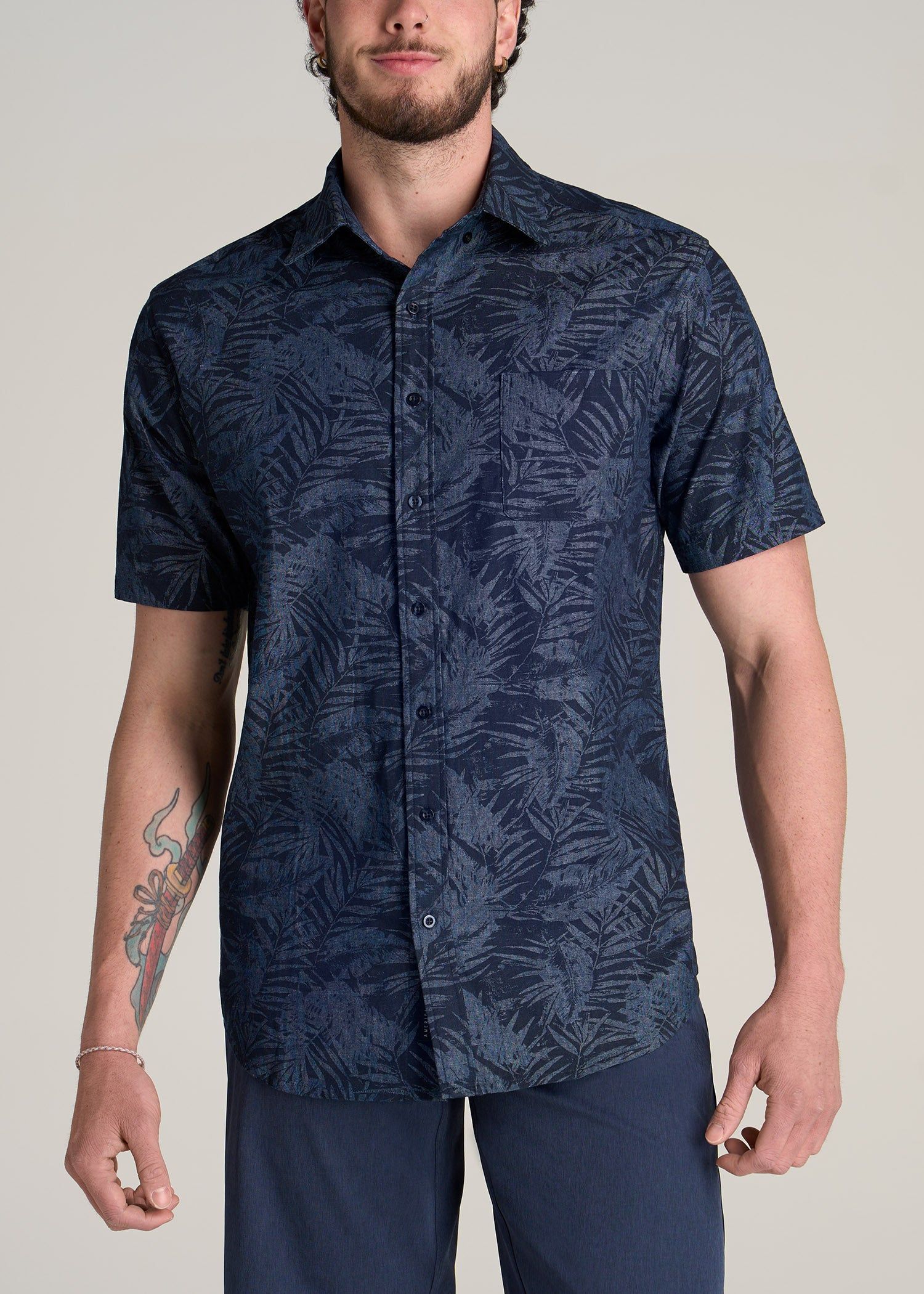 Chambray Print Short Sleeve Button-Up for Tall Men in Navy Island Print sold by American Tall
