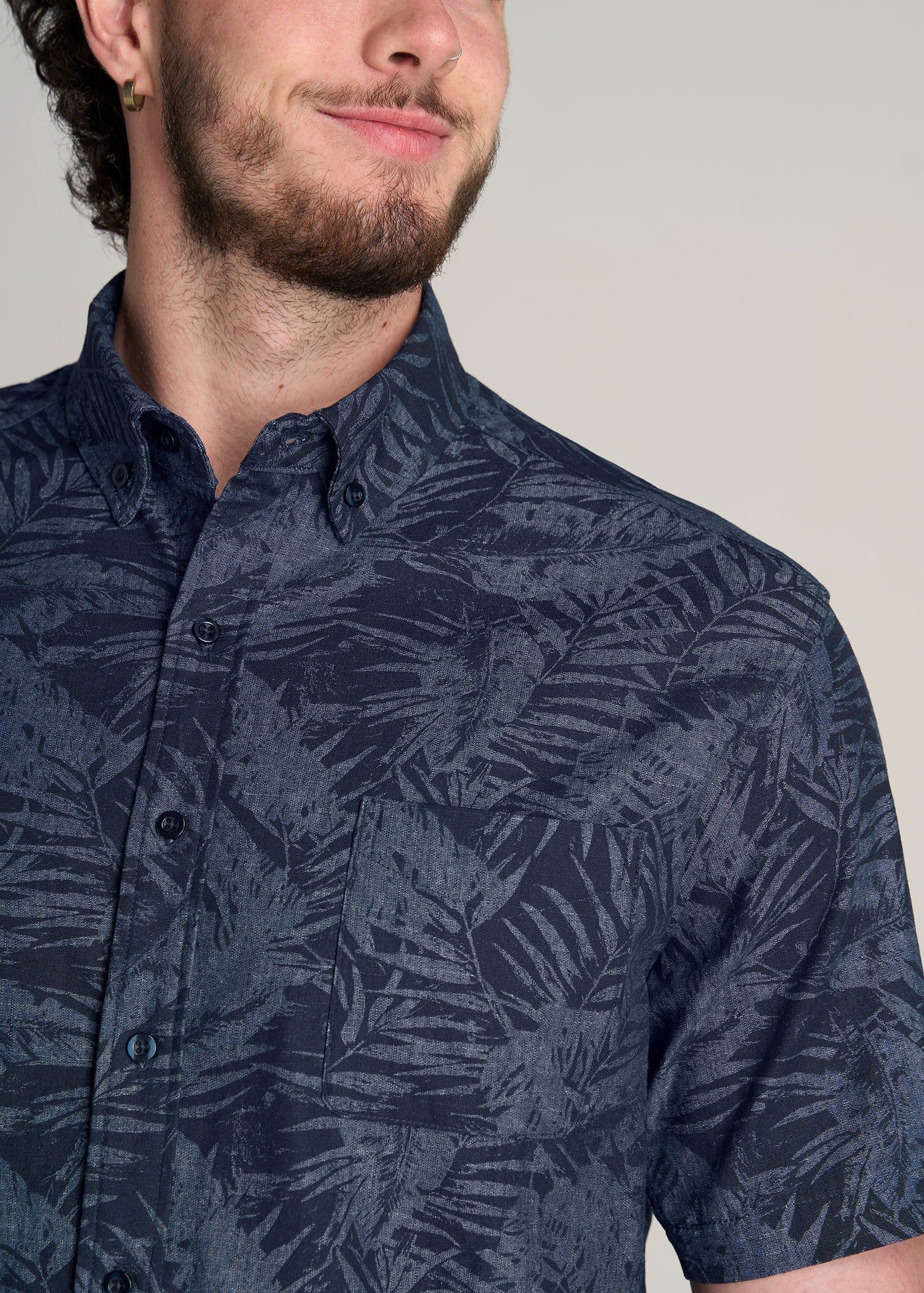 Chambray Print Short Sleeve Button-Up for Tall Men in Navy Island Print sold by American Tall product image thumbnail 2