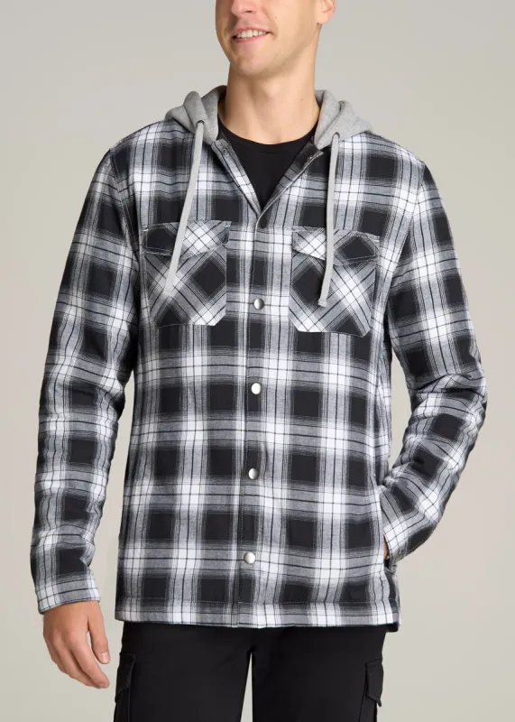 Hooded Flannel Shirt Jacket for Tall Men in Black & White Plaid sold by American Tall
