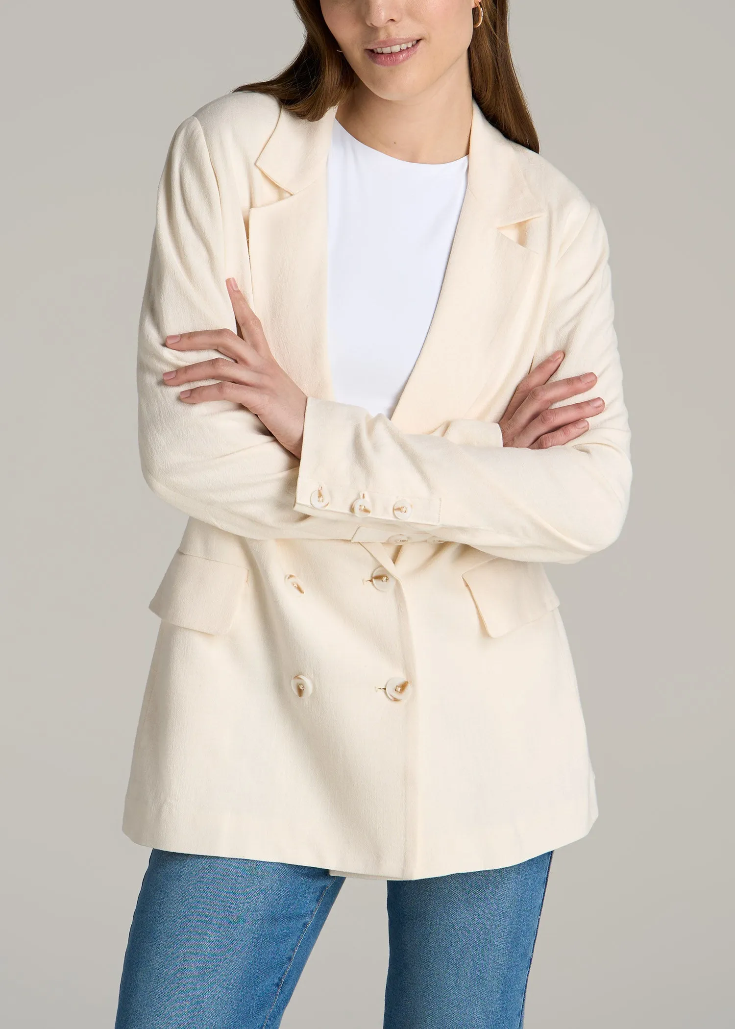Linen Blend Tie Back Blazer For Tall Women in White Alyssum sold by American Tall