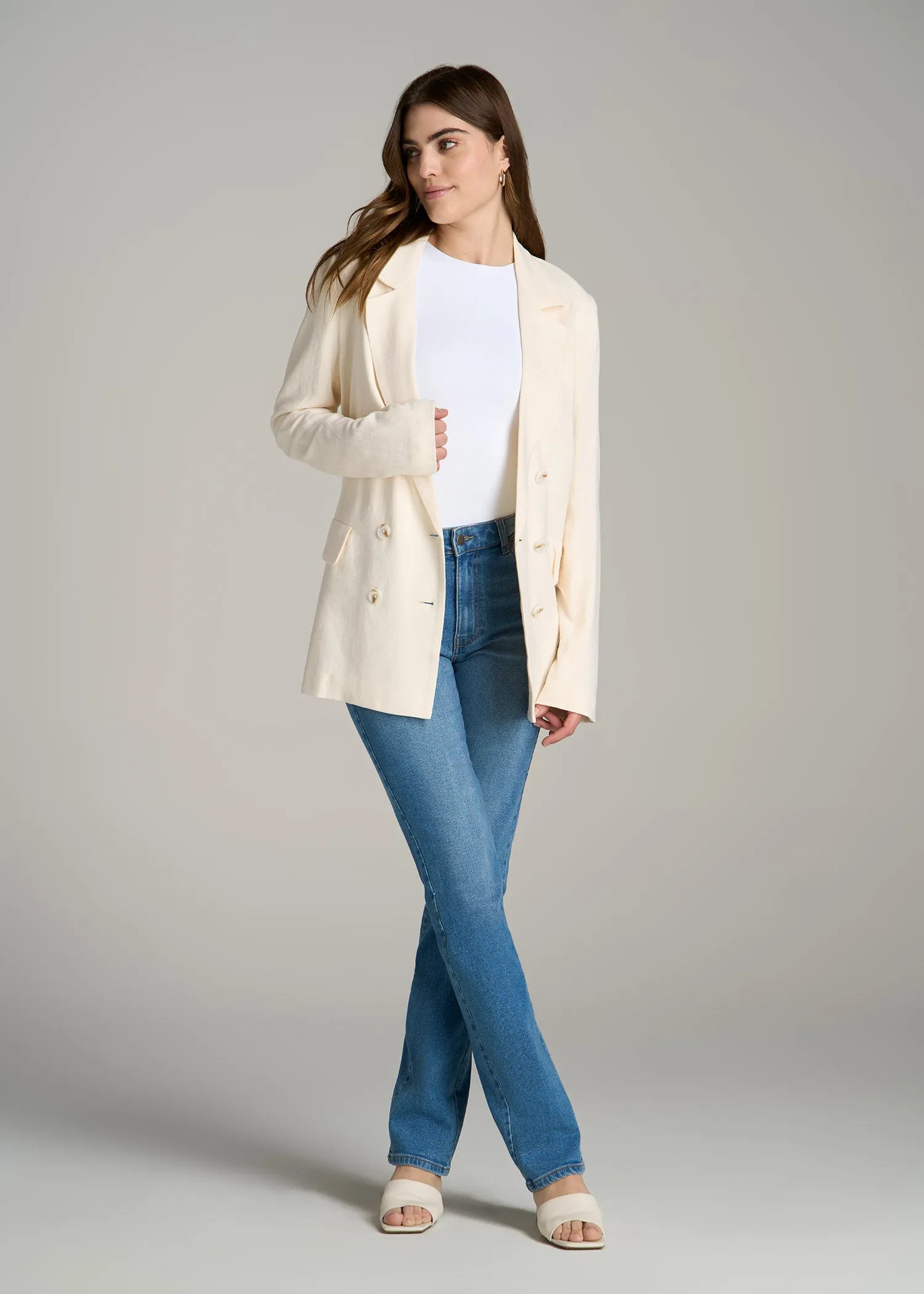 Linen Blend Tie Back Blazer For Tall Women in White Alyssum sold by American Tall product image thumbnail 4