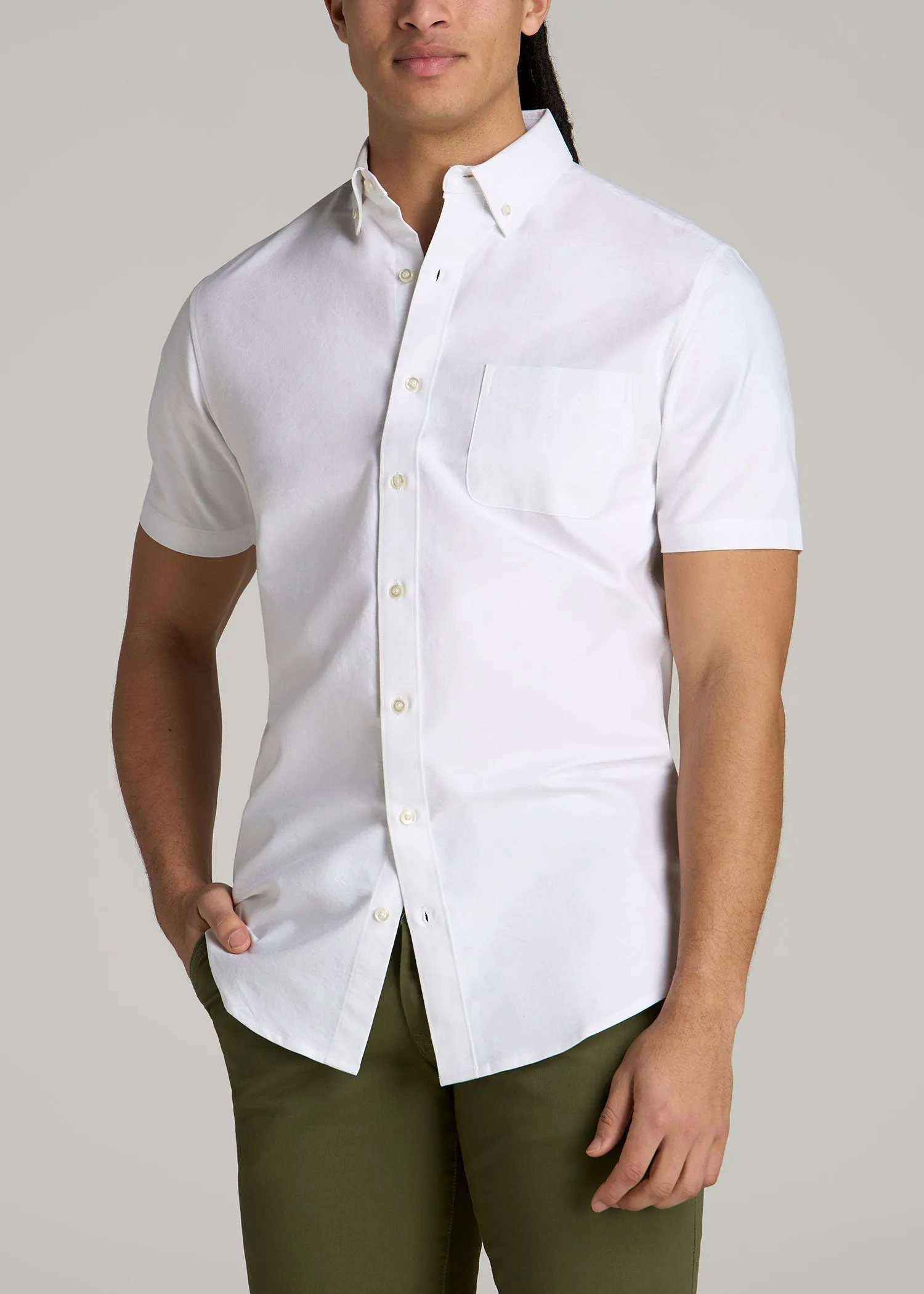 Short Sleeve Oxford Button Shirt For Tall Men in White sold by American Tall
