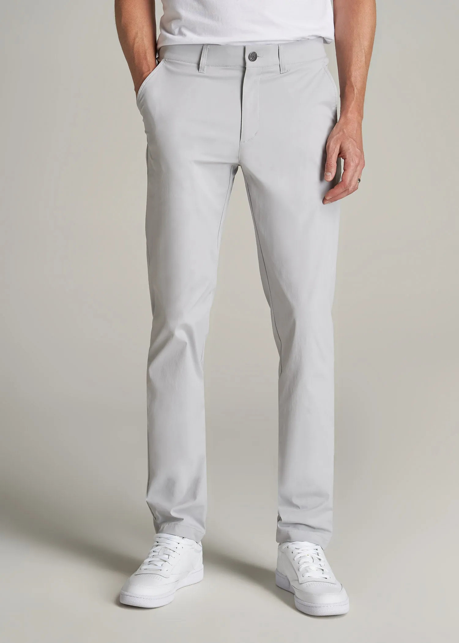 TAPERED FIT Traveler Chino Pants for Tall Men in Light Grey sold by American Tall