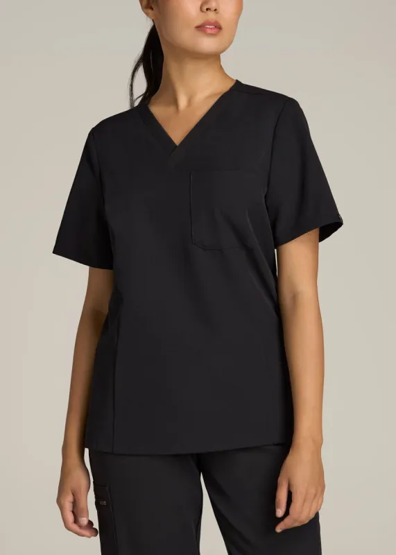 Short Sleeve V-Neck Scrub Top for Tall Women in Black sold by American Tall